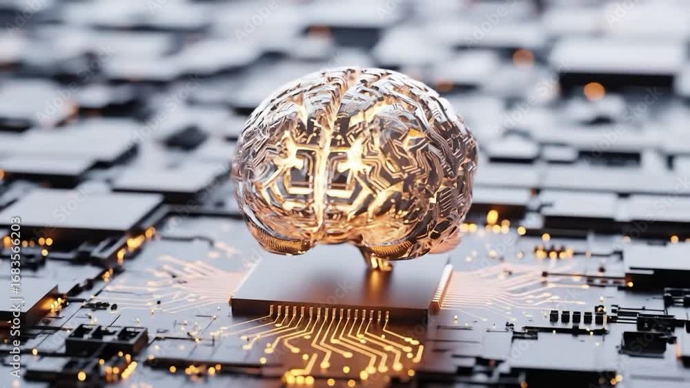 Poster metallic brain on circuit board with glowing circuits