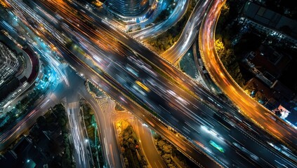 Aerial view of a complex highway interchange at night.  