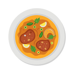Top view illustration of soup bowl on black background