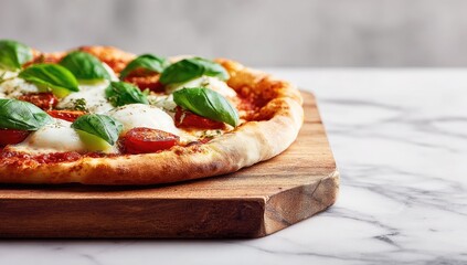 Close-up of a fresh, artisanal pizza.  A whole pizza with mozzarella, cherry tomatoes, and basil sits on a wooden board.  The crust is golden brown and the toppings are evenly distributed. 