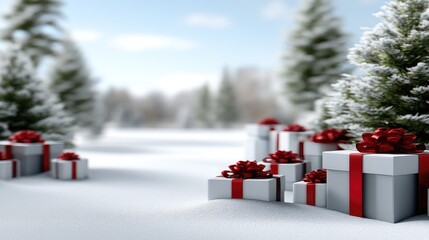 Wrapped gift boxes in white with red ribbons lie scattered across a snowy landscape surrounded by tall trees on a bright winter day