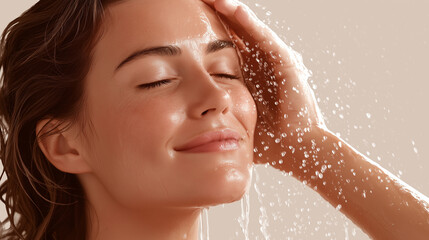 Naklejka premium Serene Shower Scene: A woman stands under a refreshing stream of water, the droplets cascading down her face as she enjoys a moment of peaceful relaxation. Her eyes are gently closed.