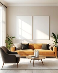 Modern Living Room Interior Design with a Vibrant Orange Sofa, Dark Armchair, Wooden Coffee Table, and Blank Wall Frames for Mockup