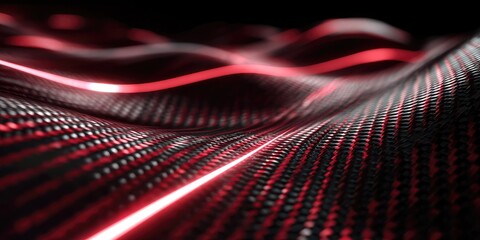 Abstract close-up of a wavy, carbon fiber-like material, highlighted with vibrant red lines