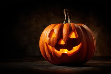 Halloween Pumpkin Lantern Glowing with Festive Light on Dark Backdrop