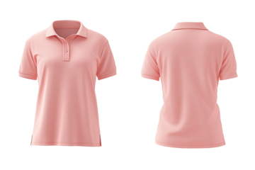 Front and back view of a light pink polo shirt.  Short sleeves, collared,  button-down.  Mockup