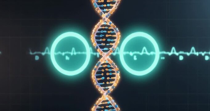 Pulsing scanning rings synchronizing with ECG waveform around rotating DNA helix on grid interface - Powered by Adobe