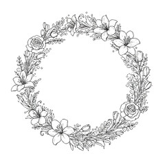 Fototapeta premium A charming vintage floral wreath, presented in a delicate 2D flat line art style, gracefully encircles an empty space, isolated on a crisp white background.