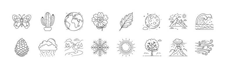 Nature and environment outline icons collection - Set of outline icons depicting earth, animals, plants, weather, and natural elements, ideal for ecology, sustainability, and outdoor themes.
