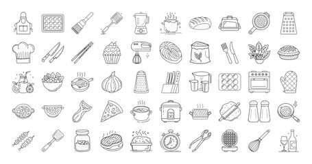 Cooking and kitchen line icons set - Collection of outlined icons showing cooking tools, food, utensils, and kitchenware for baking, meal preparation, and culinary activities.
