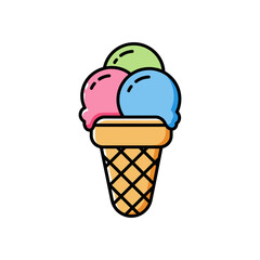 Colorful Ice Cream Cone with Three Scoops Delightful Dessert Illustration.