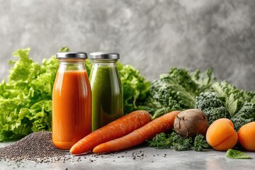 Two glass bottles of vibrant juices, surrounded by fresh produce