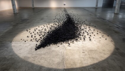 Dark, scattered objects form a concentrated mass on a light-gray concrete floor, illuminated by a spotlight