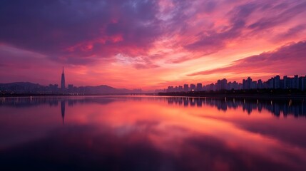 Vibrant city skyline reflected in a calm river at a breathtaking sunset showcasing urban beauty and dramatic colorful skies