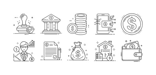 Banking and finance outline icons set - Black and white line icons representing banking, money, wallet, savings, investment, documents, financial management, mobile payments, and currency.  
