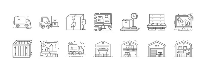 Logistics and warehouse outline icons set - Black and white line icons collection representing delivery, shipping, storage, inventory, warehouse, forklift, cargo, packaging, and distribution.  
