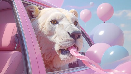 Lion Enjoying the Breeze in Vibrant Pink Convertible Surrounded by Floating Pastel Balloons on a Clear Sunny Day