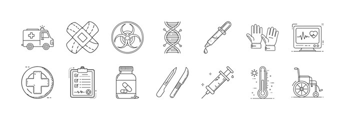 Medical and emergency outline icons set - Collection of black and white line icons representing ambulance, first aid, syringe, gloves, wheelchair, biohazard, surgery tools, and healthcare.  
