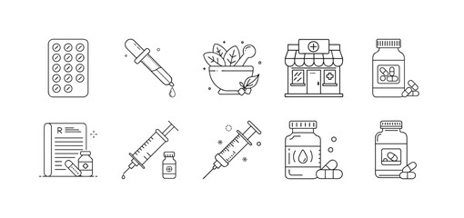 Medicine and healthcare outline icons set - Black and white line icon collection featuring pills, syringes, pharmacy, prescription, supplements, herbal remedies, and medical healthcare products.
