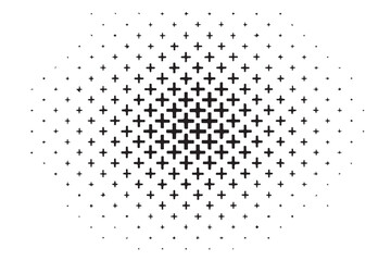 Abstract circular pattern of black plus signs gradually fading outward on a white background creating a textured halftone effect