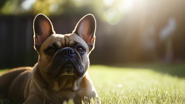 French Bulldog Resting Comfortably on Grass in Sunlight