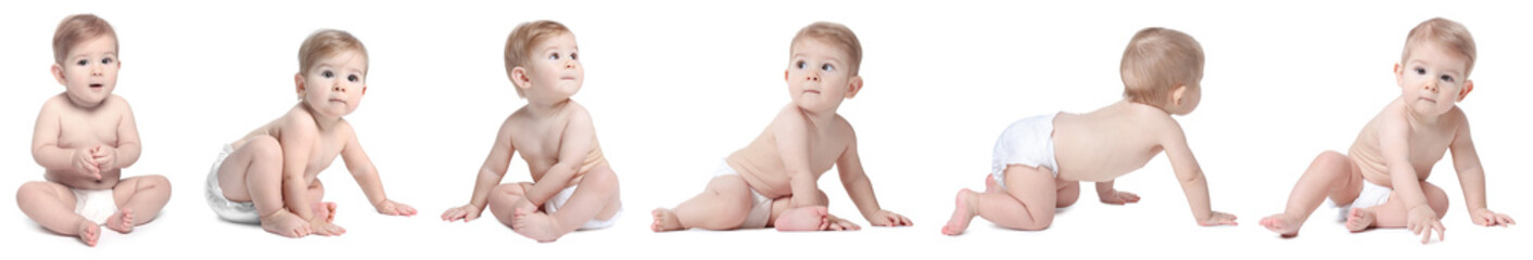 Cute little baby on white background, collage of photos