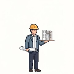 Pixel art architect presenting building model and blueprints.