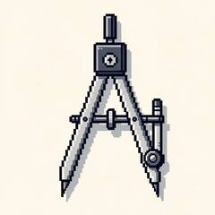 Pixel art depiction of a classic drafting compass, precision instrument, geometric tool.