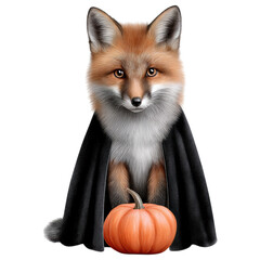 Obraz premium Cute fox wearing black cape sitting behind orange pumpkin for halloween celebration with autumn mood