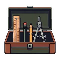 Open toolbox containing pencils, ruler, and compass; pixel art style.