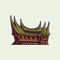 Pixel art depiction of a traditional Minangkabau Rumah Gadang house, showcasing its unique curved roof and elevated structure.