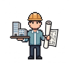 Pixel art architect presenting building model and blueprints.