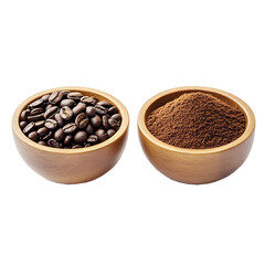10. Detailed flat lay of a wooden bowl overflowing with roasted coffee beans and another with finely ground coffee powder,  isolated on transparent background (PNG)
