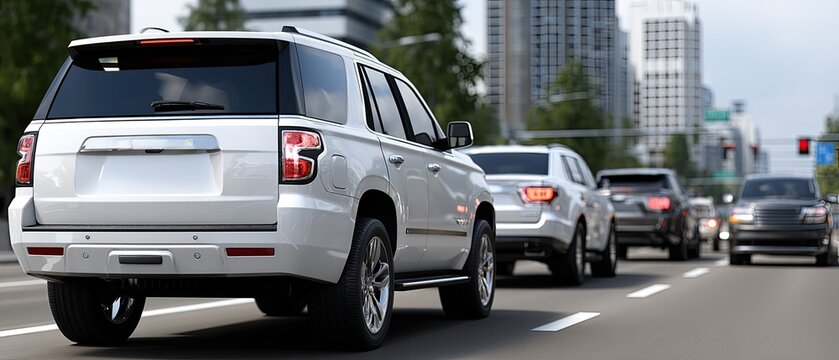 Numerous cars, including a prominent white SUV, are caught in heavy traffic on a bustling city street filled with greenery.