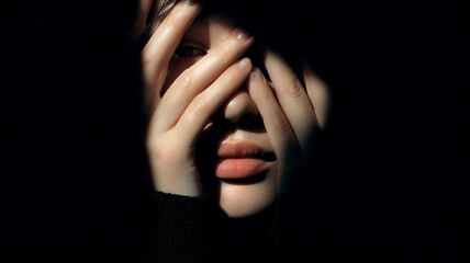Woman's face obscured by hands in dramatic lighting against a dark background