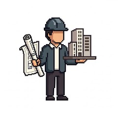 Pixelated architect holding blueprints and a building model, showcasing design and construction.