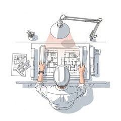 An architect reviewing blueprints at a desk, illuminated by a desk lamp, working on a project.