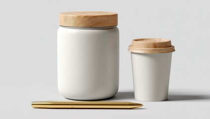 Two containers, a pen, and a light gray background.  A large, cylindrical, blank white container with a light brown wooden lid sits beside a smaller, similar.