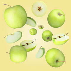 Fresh green apples swirling in air against pale yellow background