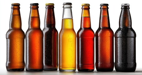 Row of various beer bottles.  Different amber, light, and dark colored bottles.  A selection of bottled brews