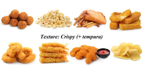 Collection of different foods with crispy texture on white background