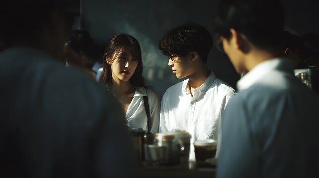 Young adults enjoy a casual conversation at a coffee shop counter bathed in warm sunlight and natural light creating a relaxed and intimate