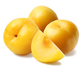 Whole and cut ripe cherry plums isolated on white