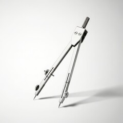 A silver metal drawing compass stands upright against a white background, casting a shadow.