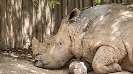 Obraz premium White rhinoceros resting peacefully on the ground in the shade, showing its massive horn and textured skin in a calm moment