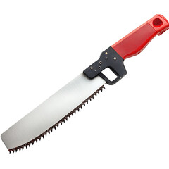 Fototapeta premium Sharp Hand Saw with Red and Black Handle Carpentry Tool for Wood Cutting isolated on transparency background(PNG) 