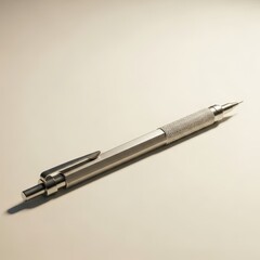 A silver mechanical pencil with a textured grip rests diagonally on a plain, light surface, casting a soft shadow.