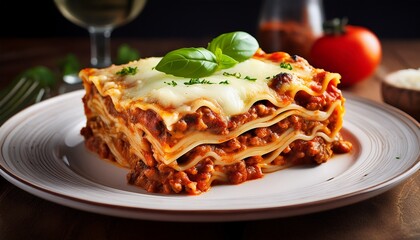 lasagna a hearty slice of traditional italian lasagna with layers of pasta meat sauce ricotta cheese and melted mozzarella