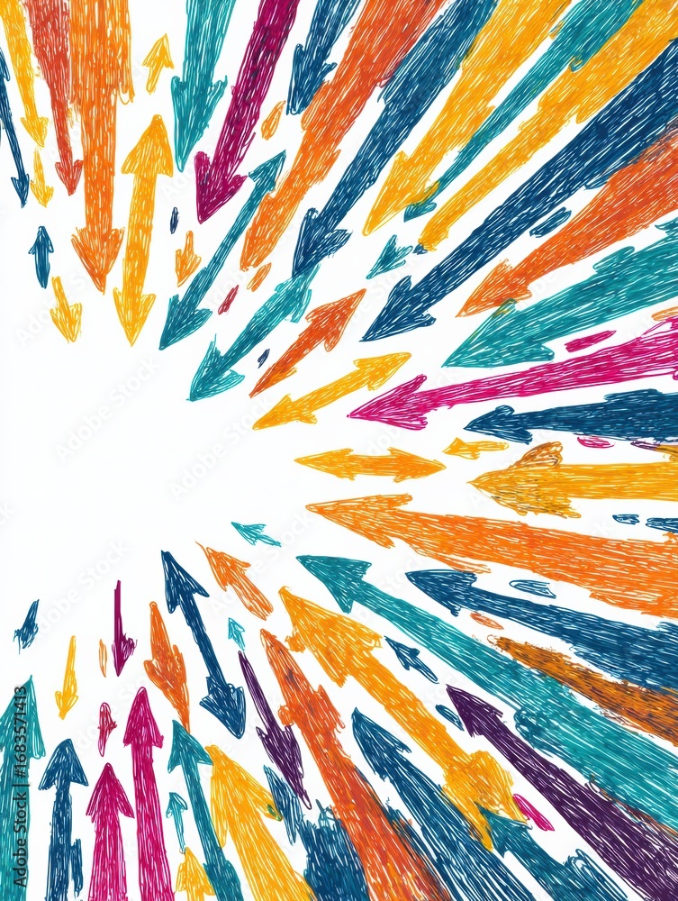 Poster bright arrows in various colors burst outward from a center point, creating a dynamic and energetic 