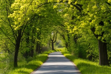 Obraz premium Serene Country Roadway Canopied by Lush Springtime Foliage